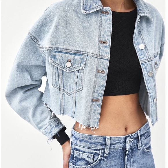 Raw hem cropped denim jacket Clearance